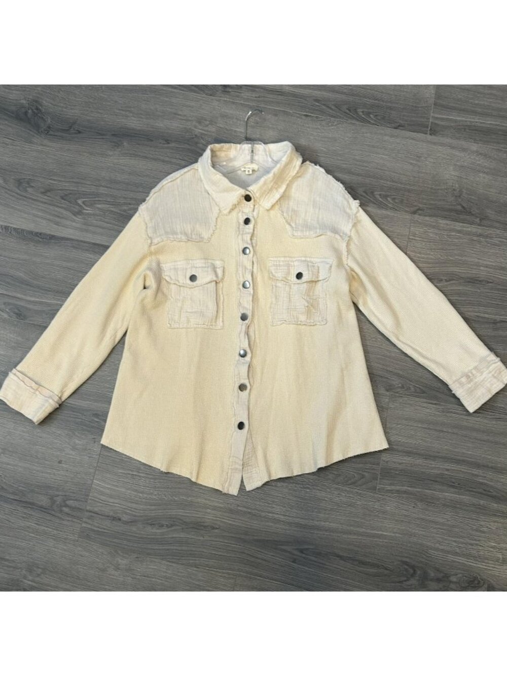 POL Shirt Womens S Cream Thermal Waffle Snap Button Shacket Tunic Top Boho